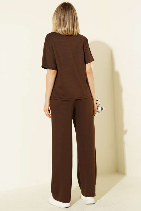 Short-Sleeved Loyşa T-shirt Two-Piece Set Brown