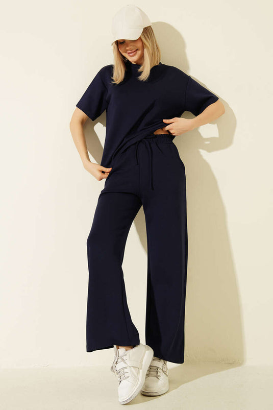 Short-Sleeved Loyşa T-shirt Two-Piece Set Navy Blue