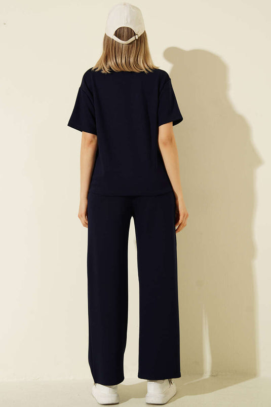 Short-Sleeved Loyşa T-shirt Two-Piece Set Navy Blue
