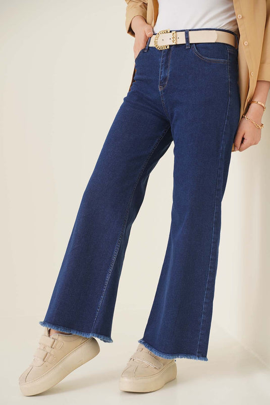 Pantalon Court En Denim À Pompons Denim Foncé