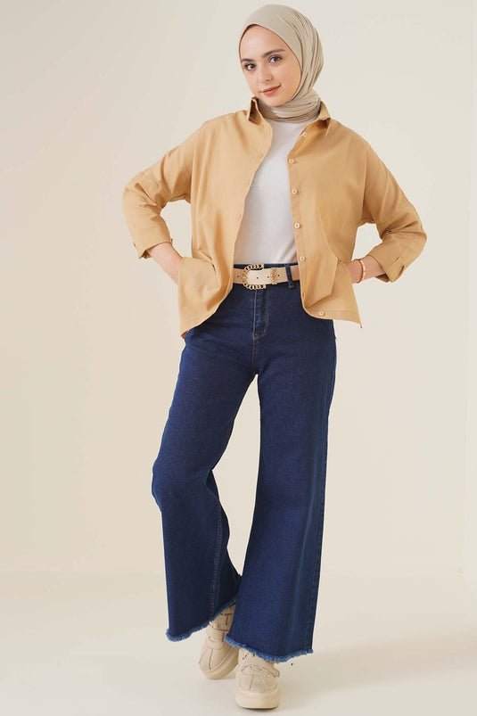 Pantalon Court En Denim À Pompons Denim Foncé