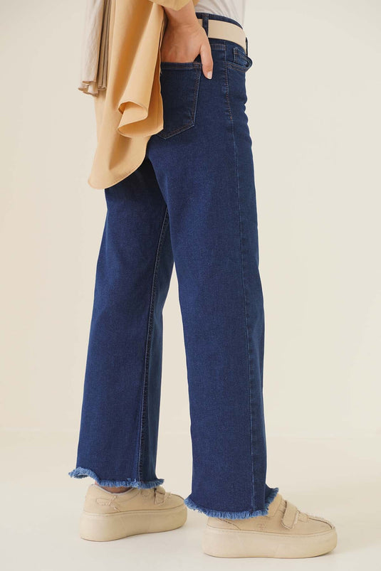 Pantalon Court En Denim À Pompons Denim Foncé