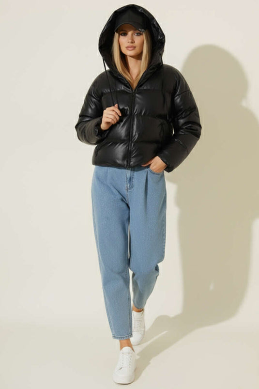 Short Puffy Leather Jacket, Black