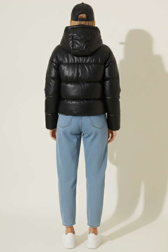 Short Puffy Leather Jacket, Black