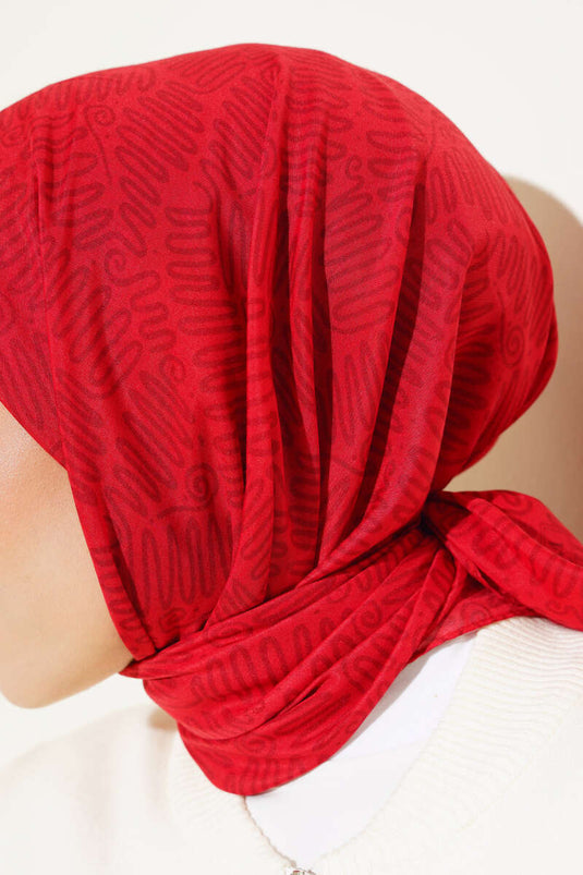 Kıvrık Desen Yazma Eşarp Kırmızı