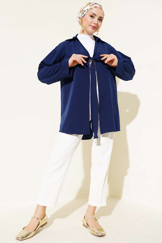 Classic Collar Tied Kimono Navy Blue