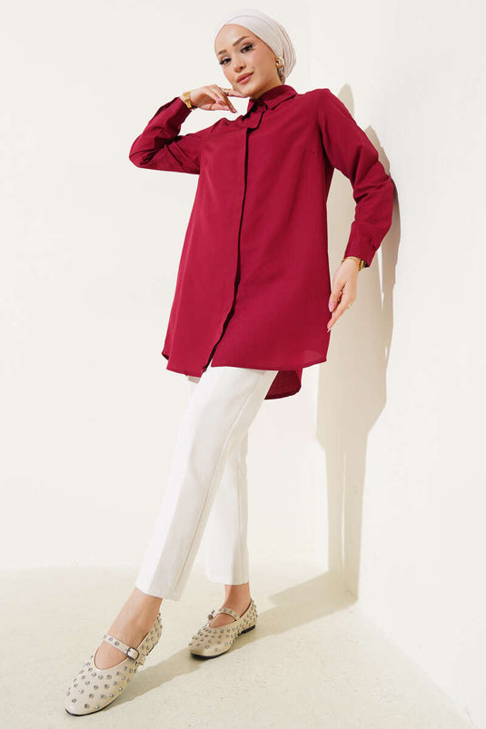 Klasik Yakalı Oval Kesim Burgonya Gömlek