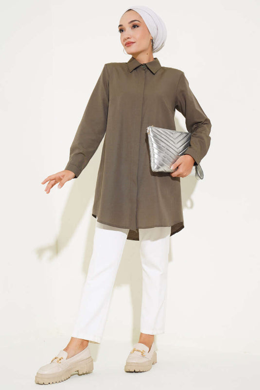Classic Collar Oval Cut Khaki Shirt