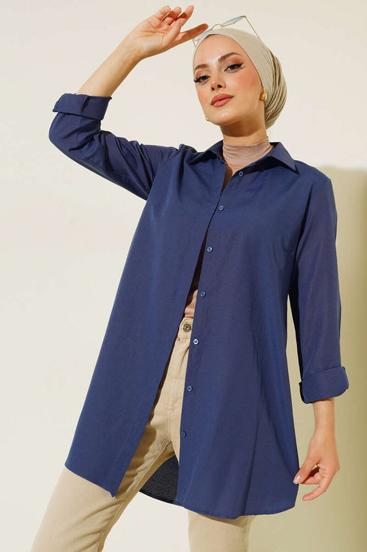 Classic Collar Oval Cut Navy Blue Shirt