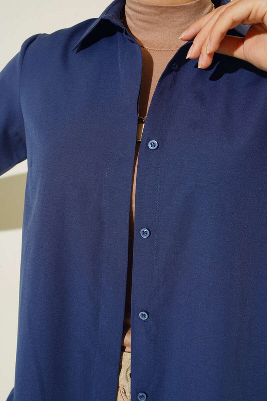 Classic Collar Oval Cut Navy Blue Shirt