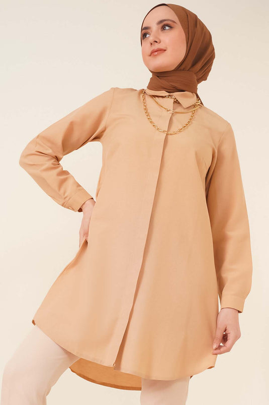 Klasik Yakalı Oval Kesim Latte Gömlek