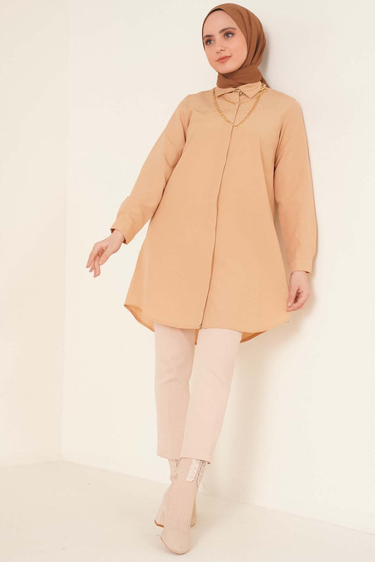 Klasik Yakalı Oval Kesim Latte Gömlek