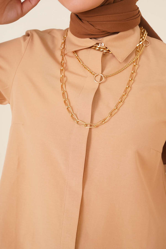 Klasik Yakalı Oval Kesim Latte Gömlek