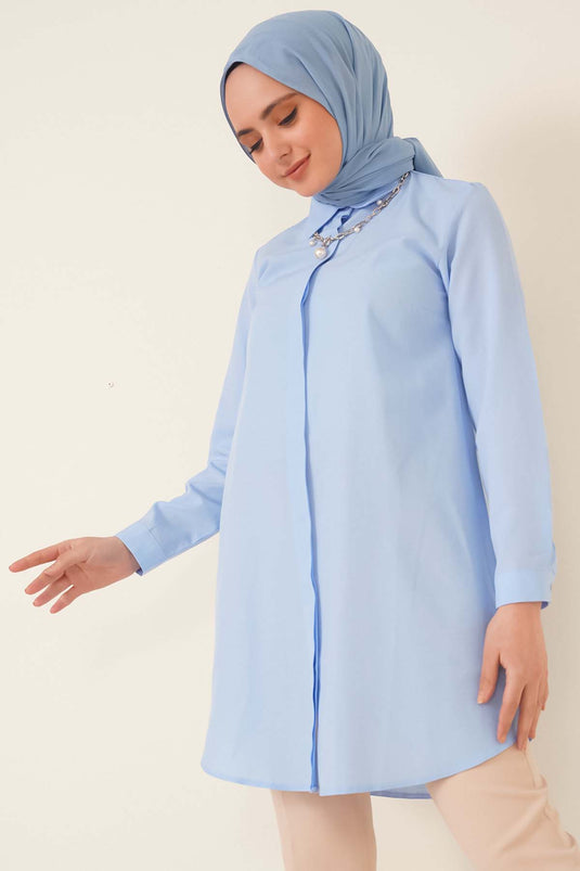 Classic Collar Oval Cut Blue Shirt