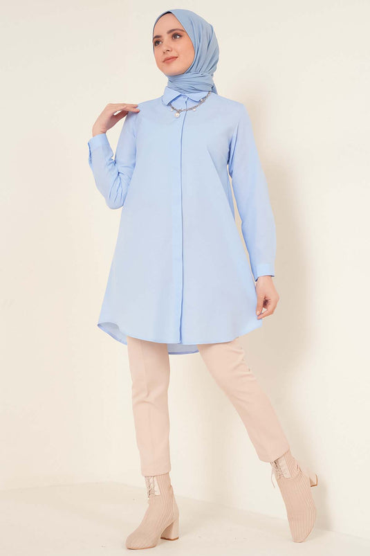 Classic Collar Oval Cut Blue Shirt