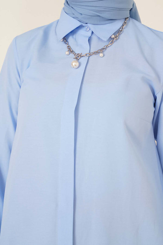 Classic Collar Oval Cut Blue Shirt