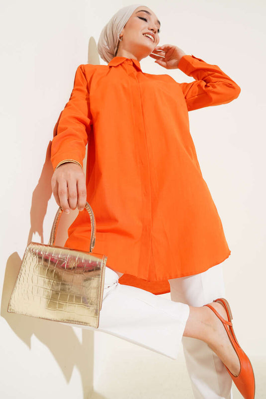 Camisa Naranja Corte Ovalado Cuello Clásico