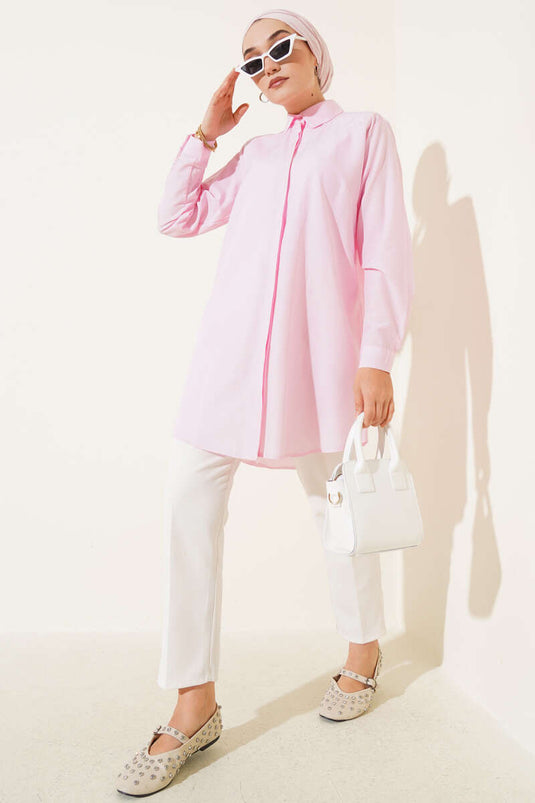 Chemise rose classique à col ovale