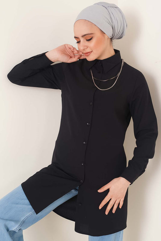Klasik Yakalı Oval Kesim Siyah Gömlek