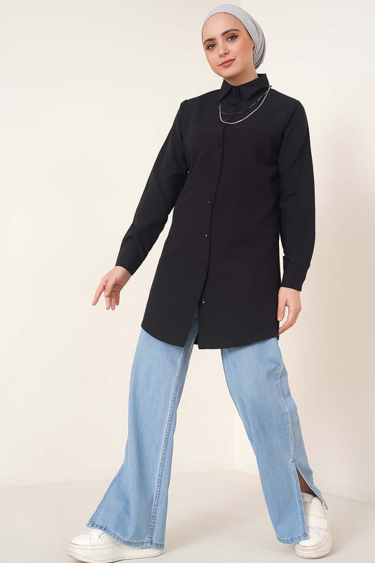 Klasik Yakalı Oval Kesim Siyah Gömlek
