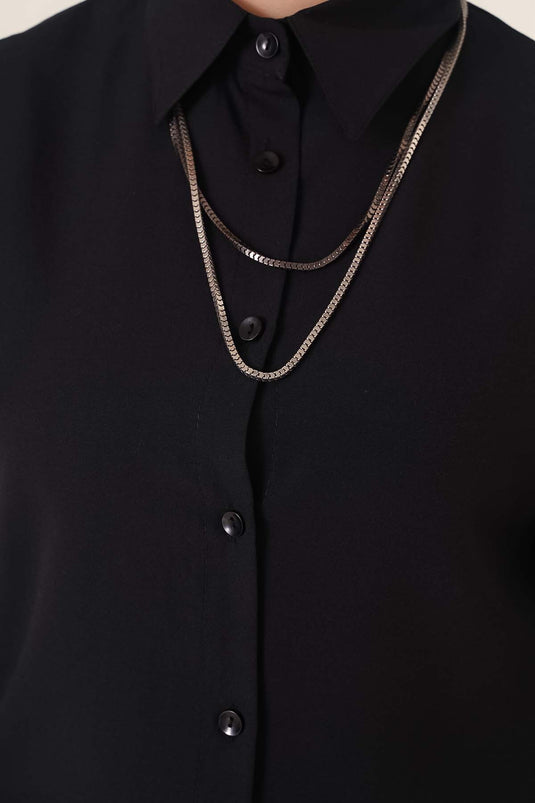 Klasik Yakalı Oval Kesim Siyah Gömlek