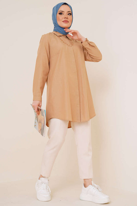Klasik Yakalı Oval Kesim Toprak Gömlek