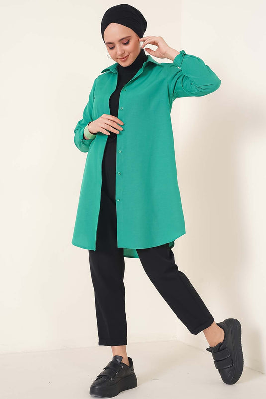 Klasik Yakalı Oval Kesim Yeşil Gömlek