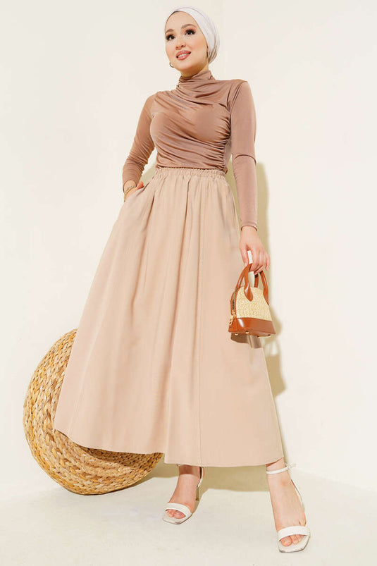 Jupe évasée couleur latte en Tencel avec taille élastique et poches