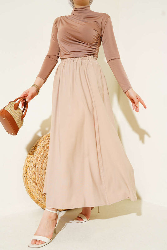 Jupe évasée couleur latte en Tencel avec taille élastique et poches