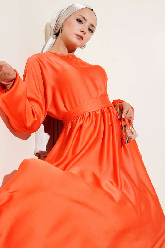 Flared Elastic Waist Evening Dress Orange
