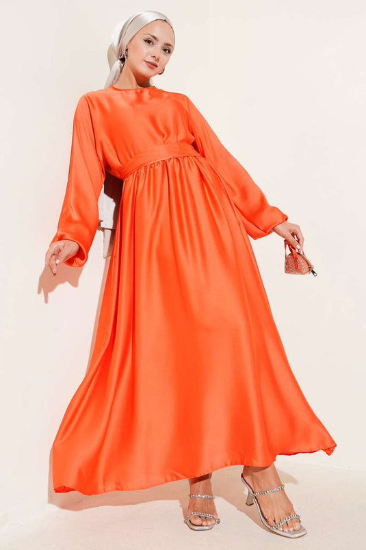 Flared Elastic Waist Evening Dress Orange
