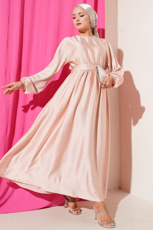 Flared Elastic Waist Dress Evening Dress Powder