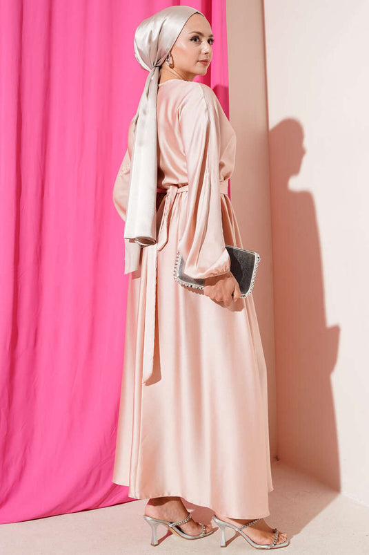 Flared Elastic Waist Dress Evening Dress Powder