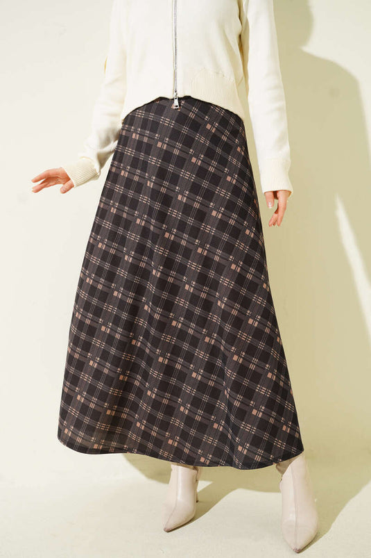 Flared Checkered Pattern Skirt Black