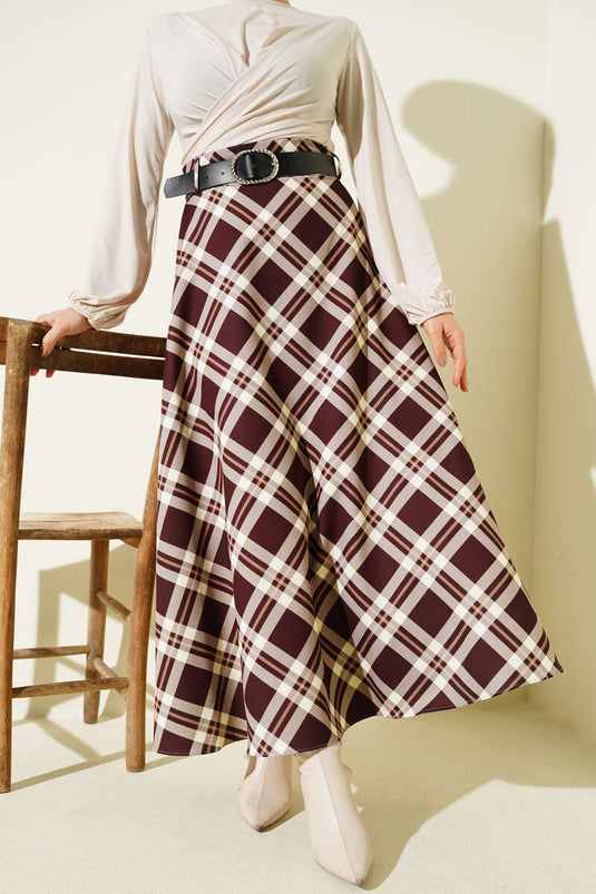 Ausgestellter Rock mit Karomuster und Gürtel, Braun