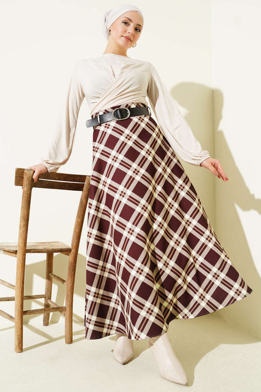 Kloş Ekose Desenli Kemerli Etek Kahve