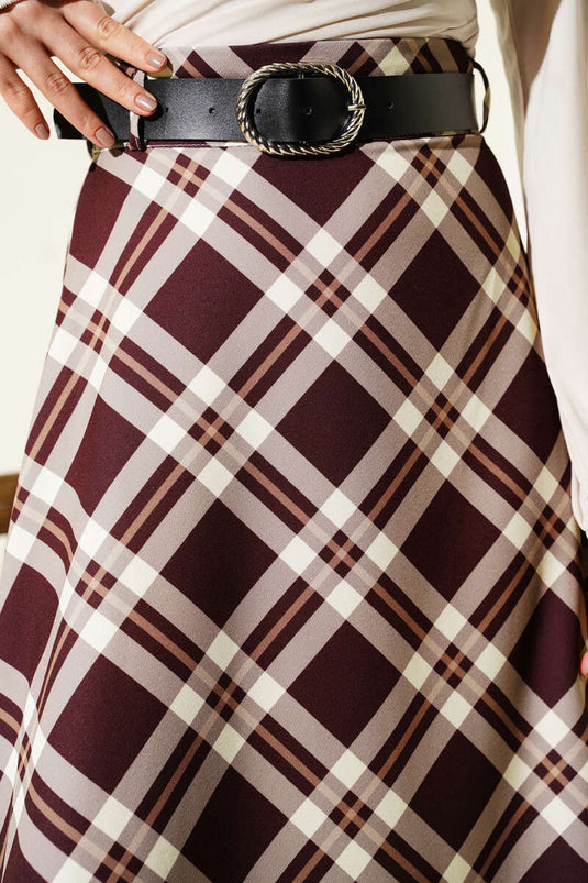 Ausgestellter Rock mit Karomuster und Gürtel, Braun