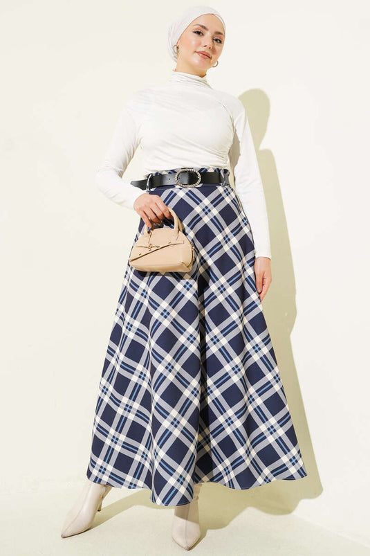Kloş Ekose Desenli Kemerli Etek Lacivert