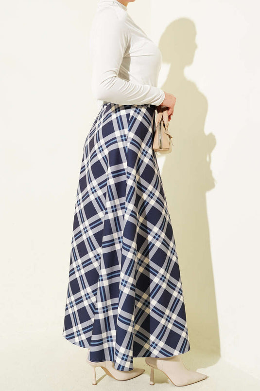 Kloş Ekose Desenli Kemerli Etek Lacivert