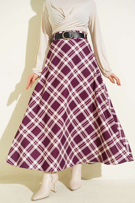 Jupe évasée à carreaux avec ceinture couleur prune