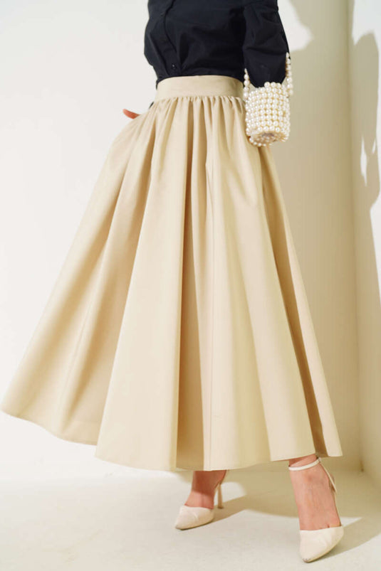 Flared Taffeta Skirt Beige