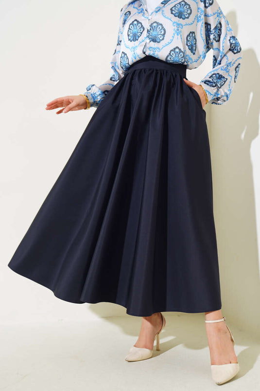 Flared Taffeta Skirt Navy Blue
