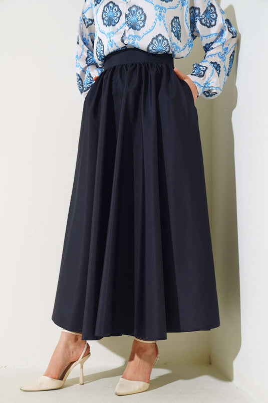 Flared Taffeta Skirt Navy Blue