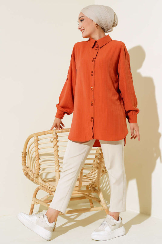 Overhemd met kol en epauletten in baksteenkleur