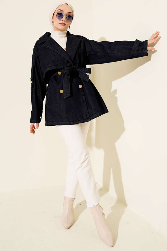 Trench-coat en denim bleu marine avec épaulettes et ceinture