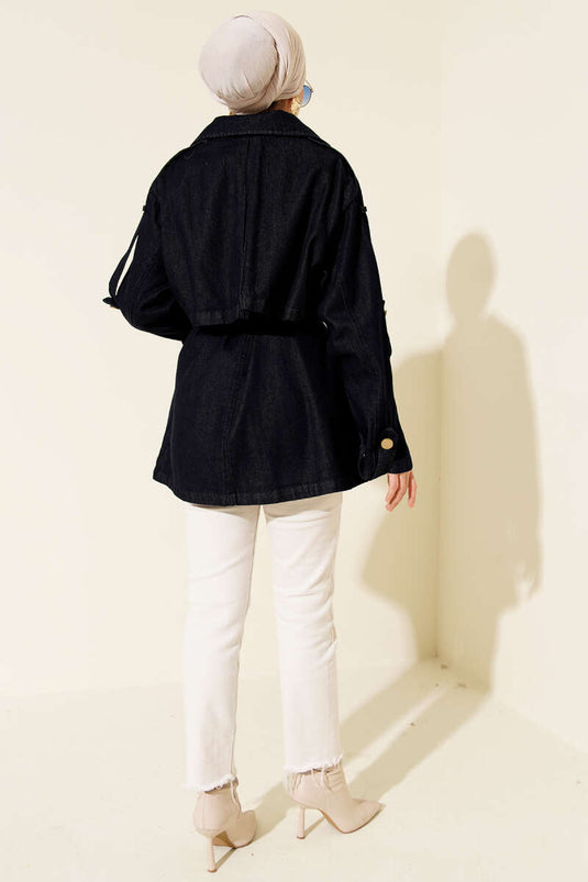 Trench-coat en denim bleu marine avec épaulettes et ceinture