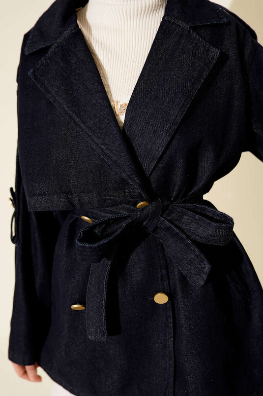 Trench-coat en denim bleu marine avec épaulettes et ceinture