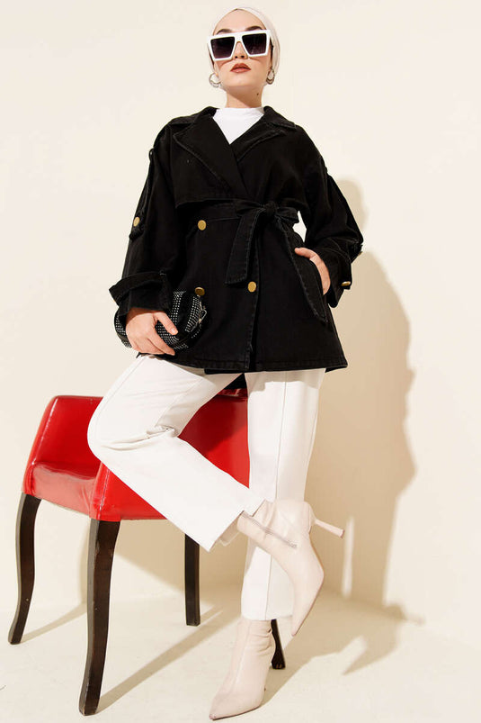 Trench-coat en denim noir avec épaulettes et ceinture