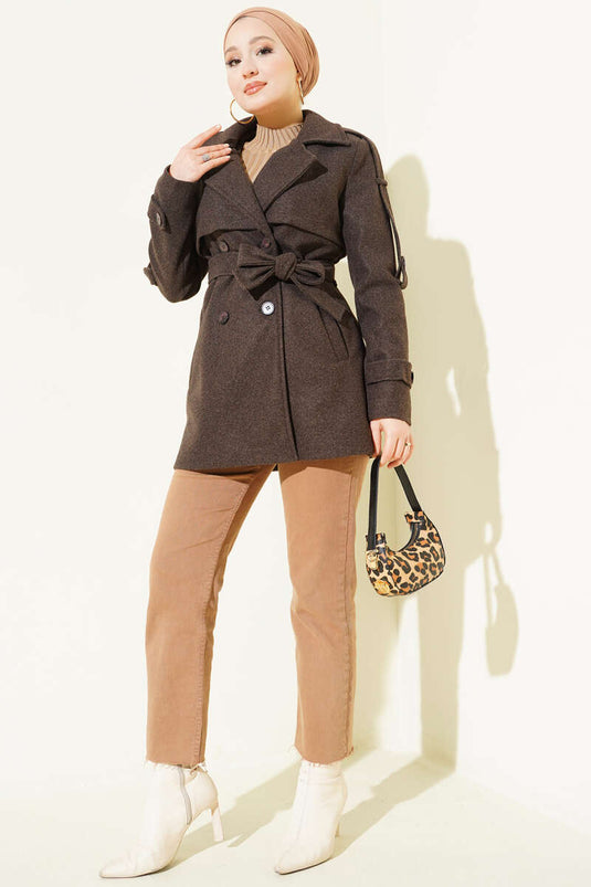 Short Cashmere Coat with Sleeve Epaulets, Dark Brown