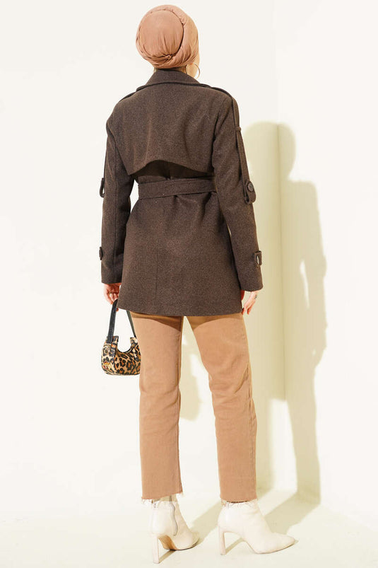 Short Cashmere Coat with Sleeve Epaulets, Dark Brown